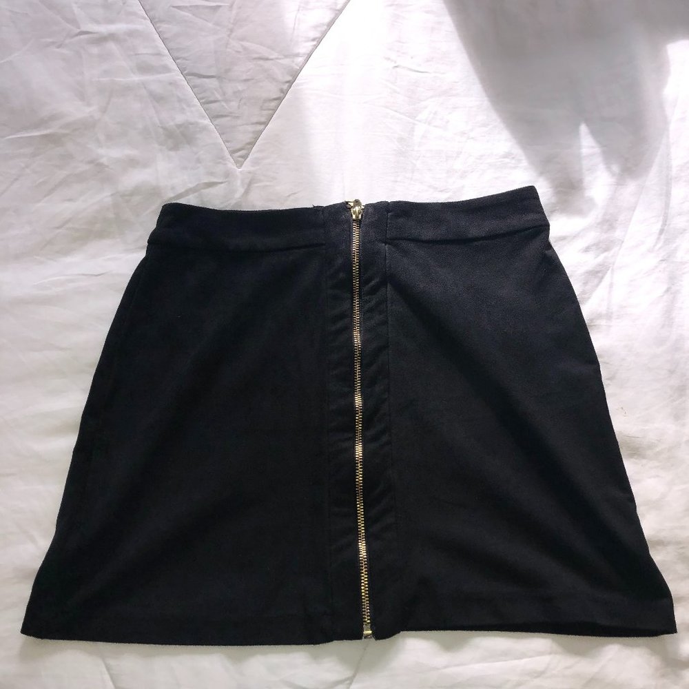 Womens black suede mini skirt with gold zipper